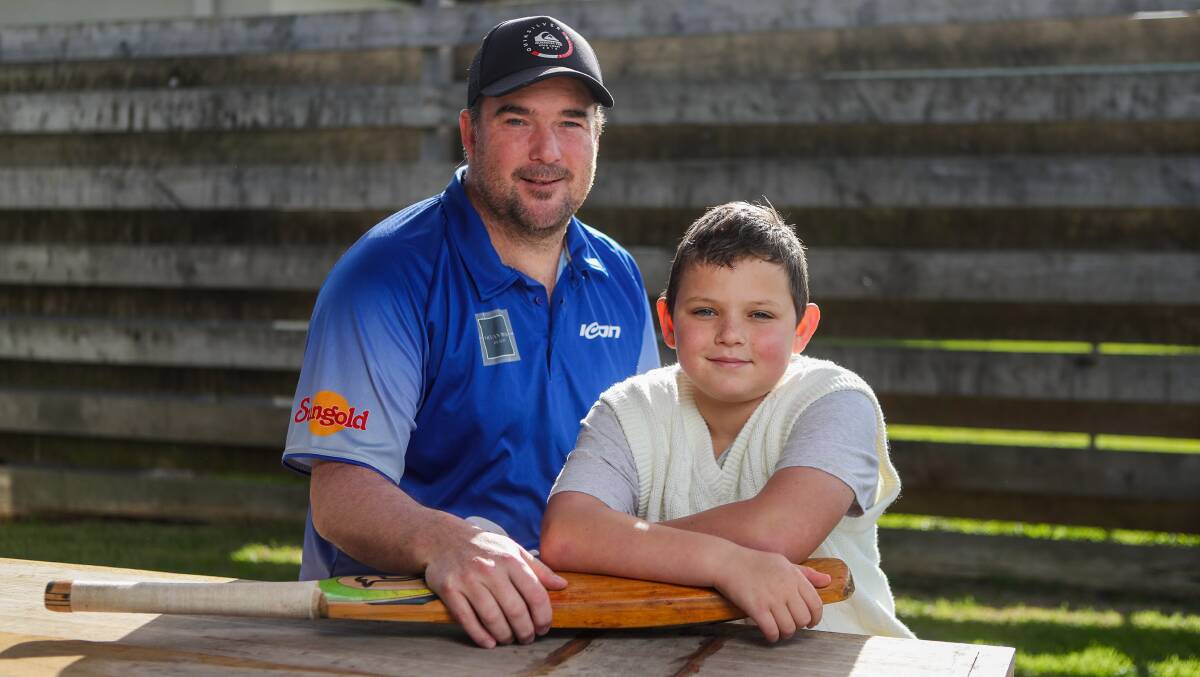 NEW CHALLENGE: Ex-Port Fairy coach Kalon Wilkie, pictured with son Ryan, 8, has signed as new Brierly-Christ Church mentor, replacing Jason Mungean. Picture: Morgan Hancock