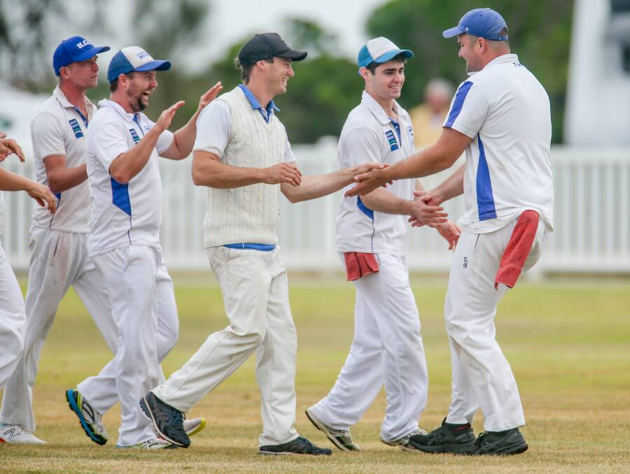 HAPPY TIMES: Hawkesdale's Lachie Glare (centre) celebrates a vital wicket. Picture: Chris Doheny