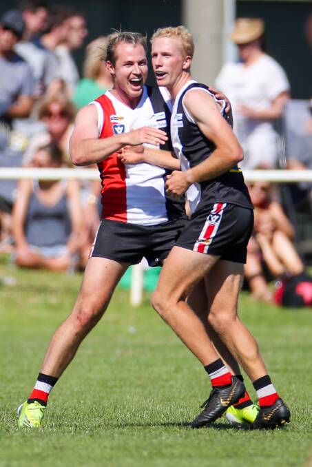 FINDING FORM: Koroit's Will Couch and Alex Pulling celebrate a goal. Couch is one of several Saints forwards making an impact. Picture: Morgan Hancock