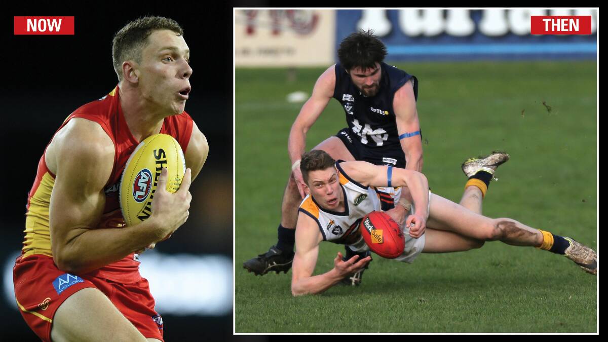 BIG STEPS: Josh Corbett (left) playing for Gold Coast Suns and (right) playing with North Warrnambool Eagles. 
