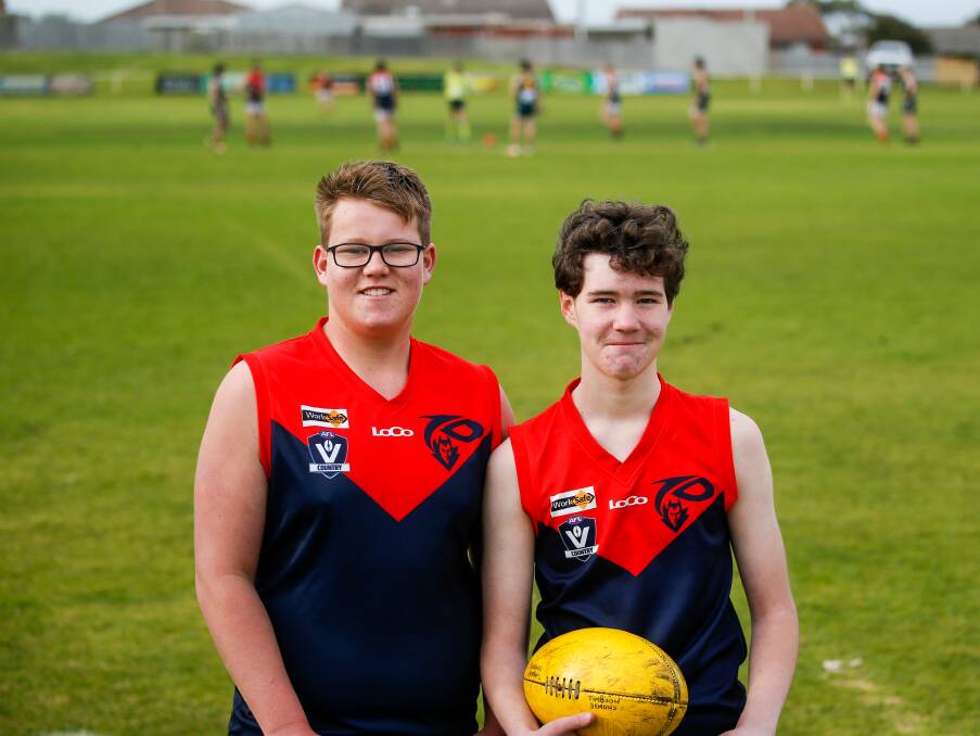 BRIGHT FUTURE: Timboon Demons players Brodi Parsons and Lenny Tregea during the club's under 18 clash with Old Collegians. Picture: Anthony Brady