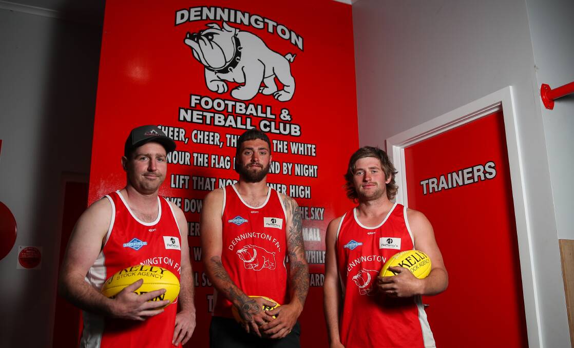 GROWING: New Dennington recruits Josh Stapleton, Blair Oakley and Charlie McDonald are ready to don red and white in 2022. Picture: Morgan Hancock