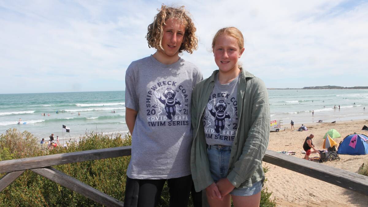 FIRST ONE: Deny and Rory Fawcett will compete in the Warrnambool leg of the Shipwreck Coast Swim Series on Saturday. Picture: Nick Ansell