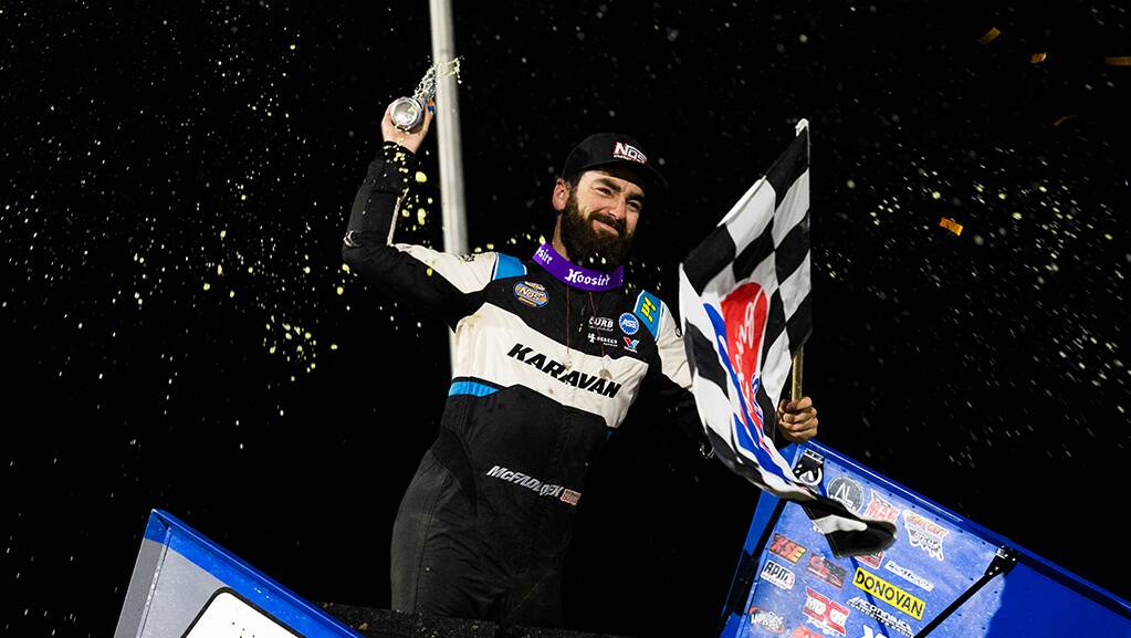 James McFadden celebrates winning a World of Outlaws event. Picture: World of Outlaws.