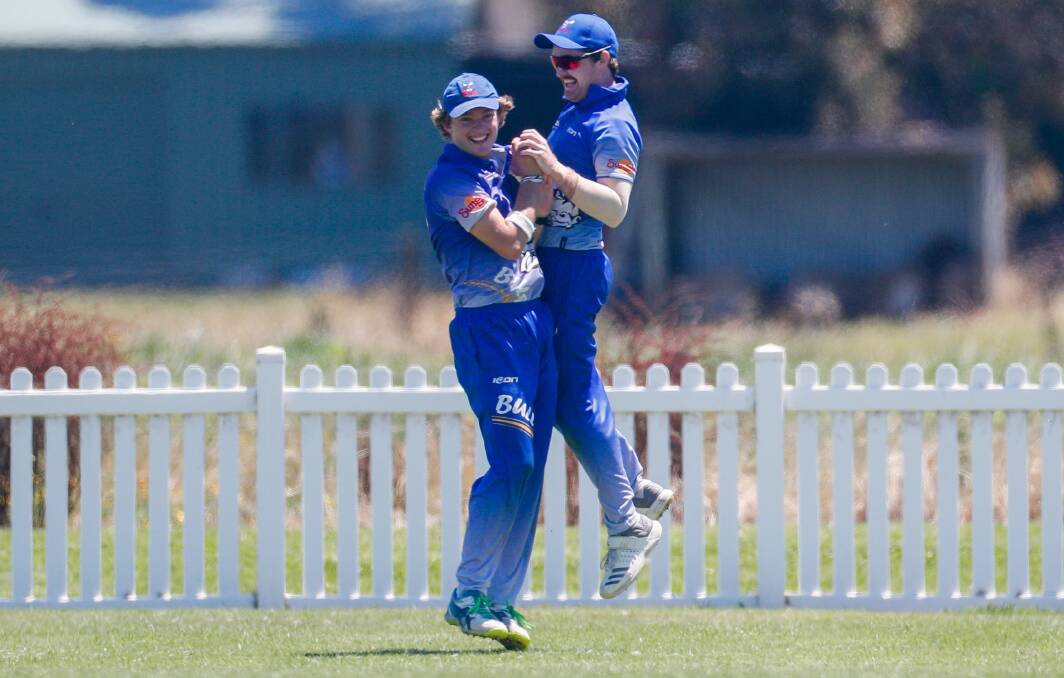 HOWZAT?: Brierly-Christ Church's Campbell Love and Brandon Bant celebrate the wicket of Ben Boyd. Picture: Morgan Hancock