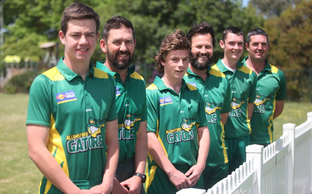 WHAT A DAY: Three father-son combinations took the field for Allansford on Saturday. Myles and Sam McCluggage (left), Sam and Denver Artz (centre) and Ethan and Ben Boyd (right).