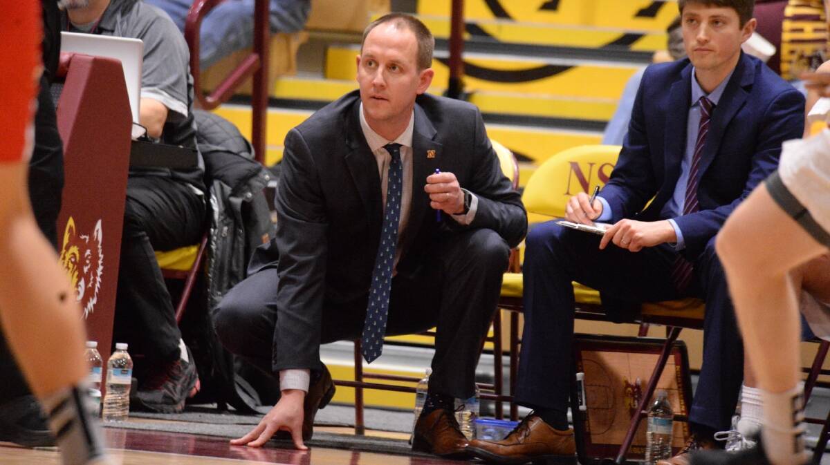 TEACHING: Swanson coaching from the sidelines in his current role as associate coach at Northern State University.
