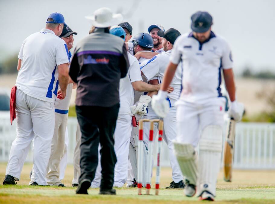 OUCH: Hawkesdale celebrates a key wicket. Picture: Chris Doheny