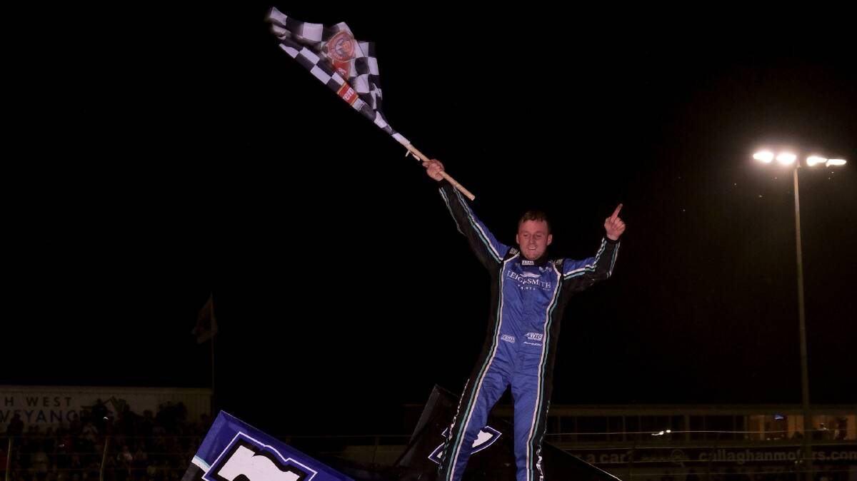 HAPPY DAYS: Lachlan McHugh celebrates his South West Conveyancing Grand Annual Sprintcar Classic triumph. Picture: Chris Doheny