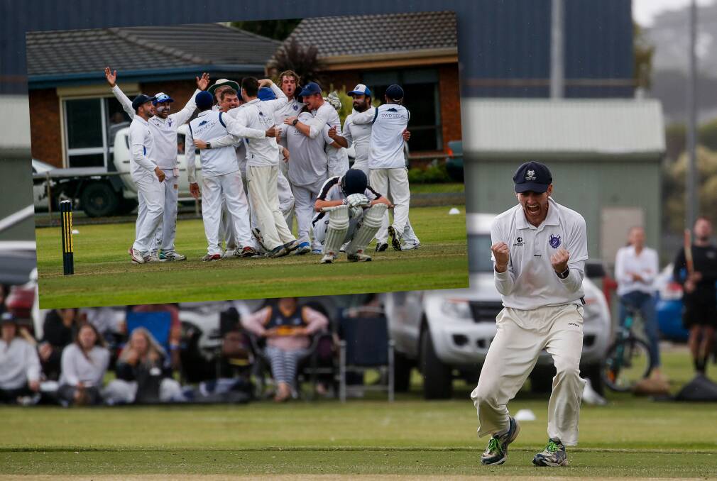 PUMPED: Matthew Petherick (main)
celebrates while teammates (inset)
savour the victory. Pictures: Anthony
Brady