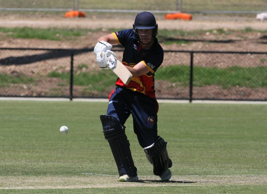 FOCUSED: North Warrnambool Eels' Bailey Jenkinson plays a straight drive against Nestles. Picture: Nick Ansell