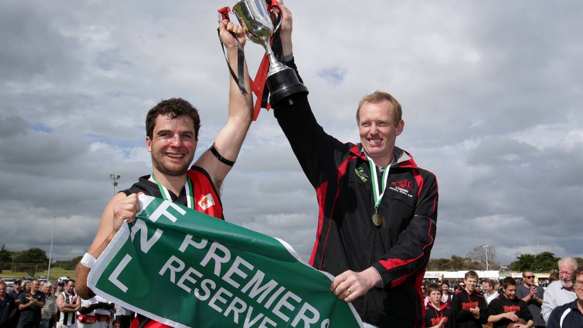 HAPPY TIMES: Matthew Harkin celebrates a reserves premiership while playing at Hampden league club Cobden in 2013. 