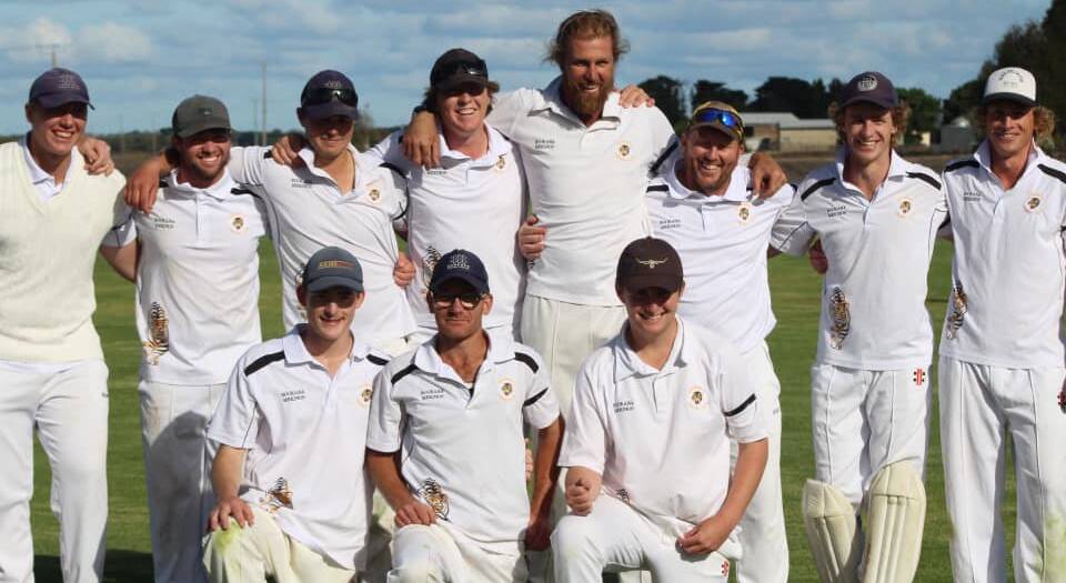 CELEBRATION: Grant Cameron (second from right, back row) celebrates winning the division two grand final against Mortlake this past season. Picture: Woorndoo Cricket Club