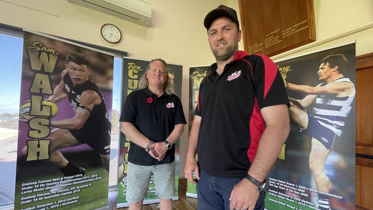 BACK IN THE HOT SEAT: Cobden coach Dan Casey (right) alongside Bombers president Darren Mounsey. Casey will lead the club in 2022. Picture: Nick Ansell