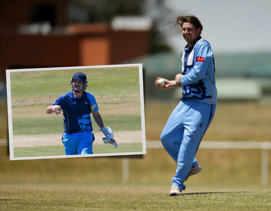 BUILDING: Joe Higgins (main) is in red-hot form with bat and ball while Bevan Stokie (inset) will play game 100 against Russells Creek on Saturday. Pictures: Chris Doheny, Morgan Hancock