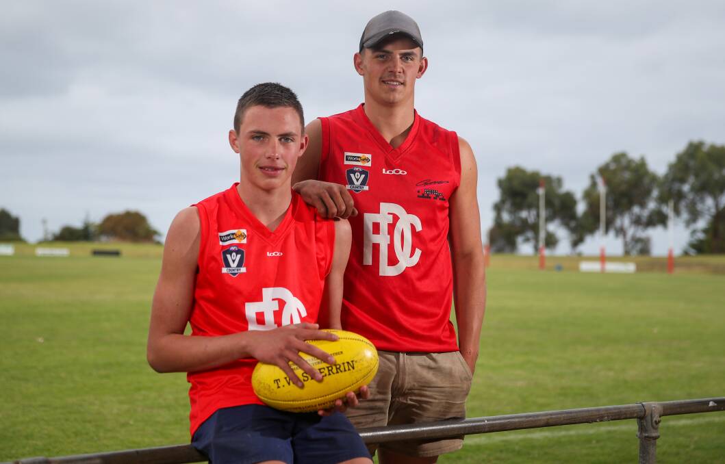 READY TO GO: Kye McKenna (front) will play alongside brother Zeb (back) in his senior debut on Saturday against Timboon Demons. Picture: Morgan Hancock
