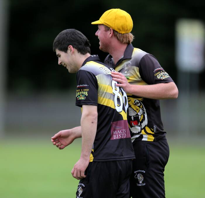 YELLOW AND BLACK: Merrivale's Jacob Threlfall is congratulated by Manny Sandow. The Tigers will face off against Wesley-CBC in their first one-day fixture of the season on the weekend. Picture: Rob Gunstone