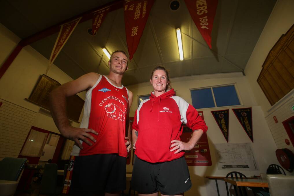 PROUD MOMENT: Dennington footballer Luke Moutray and netballer Krystal Day will both hit their 100 game milestone this weekend. Picture: Amy Paton