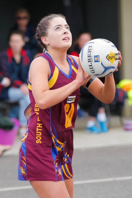 EYES ON IT: South Rovers' Abby Sheehan prepares to have a shot on goal in the Lions' win over Timboon. Sheehan shot 20 goals. Picture: Morgan Hancock