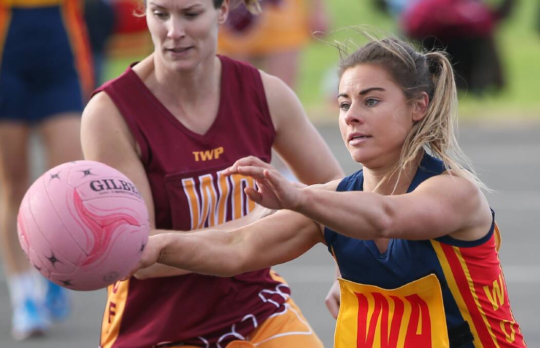 FOCUSED: Warrnambool and District league's Kristy Ludeman passes the ball in the side's victory over the Maryborough Castlemaine District league. Picture: Morgan Hancock