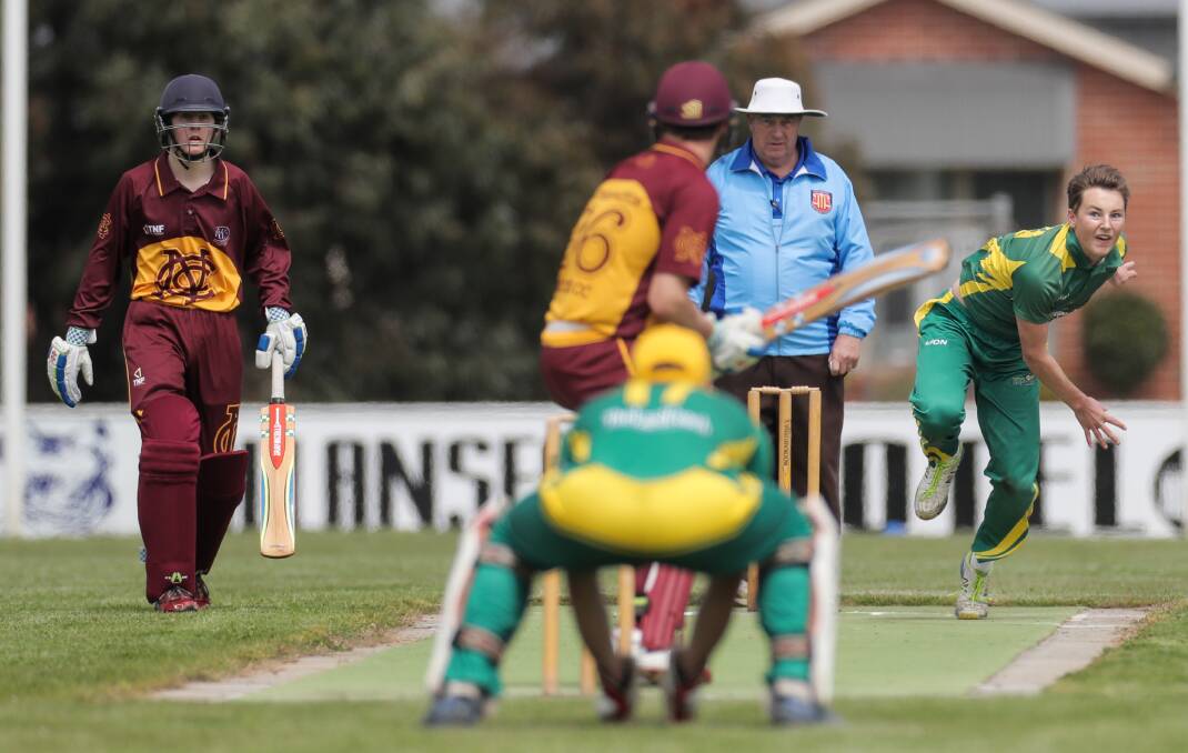 STORMING HOME: Allansford youngster Ben Fary bowls the ball to Nestles' Shaun Harland in the Gators' five wicket win on Saturday. Picture: Morgan Hancock