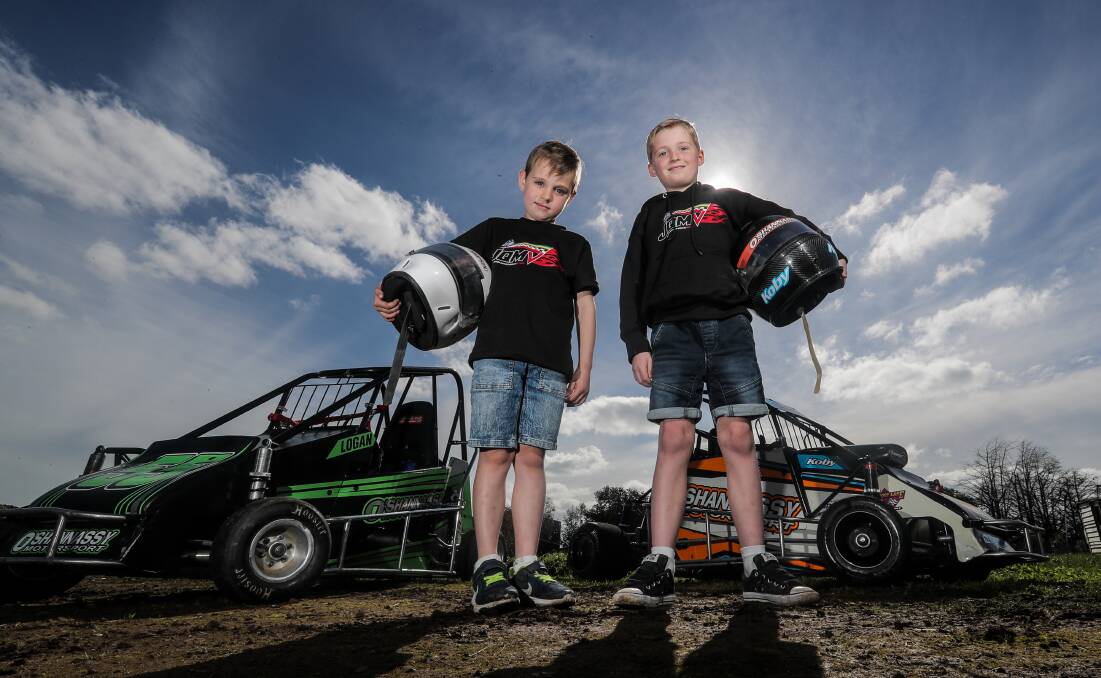 TALENTED: Cousins Logan O'Shannassy, 6, and Koby O'Shannassy, 8 have both won junior quarter midget races in their classes. Picture: Morgan Hancock