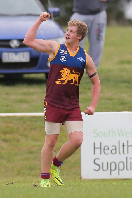 SAILING THROUGH: South Rovers' Ayden Bosse pumps his fist after kicking an important goal in the club's victory over Timboon Demons. Picture: Morgan Hancock