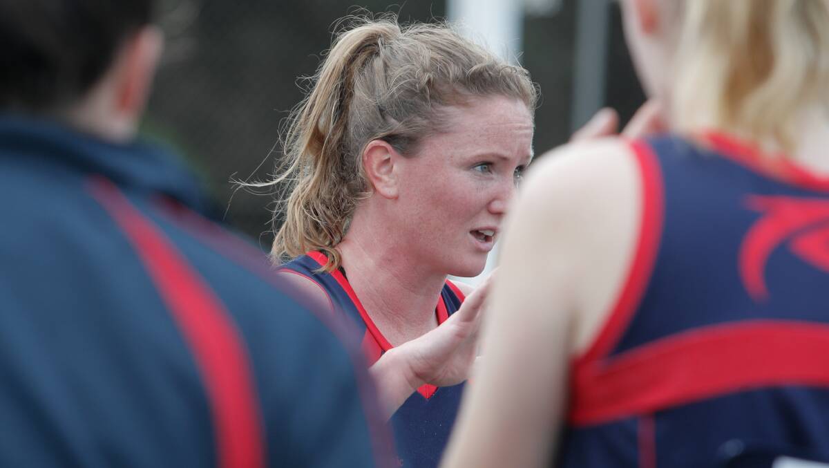 PLEASED: Timboon Demons coach Kelly Gowland talks to her playes at quarter time. Timboon is set to play an elimination final against South Rovers next week. Picture: Rob Gunstone
