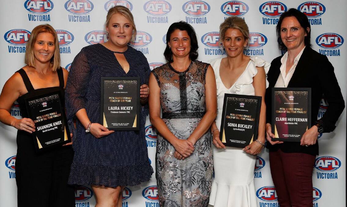 Award winner: Timboon Demons youth girls coach Laura Hickey (second left) was voted Peta Searle Female Coach of the Year Award.