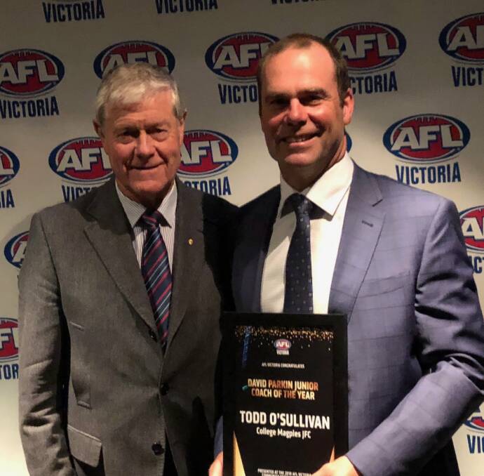 Top honour: Former AFL player and coach David Parkin presented College Magpies coach Todd O'Sullivan with his award on Friday night.