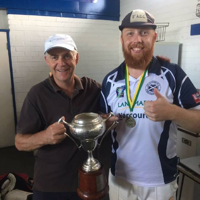 Proud moment: David Heeps celebrates a St Andrew's A grade premiership with his dad Jeff. Heeps was named as the spinner in the Western Waves Team of the Year.