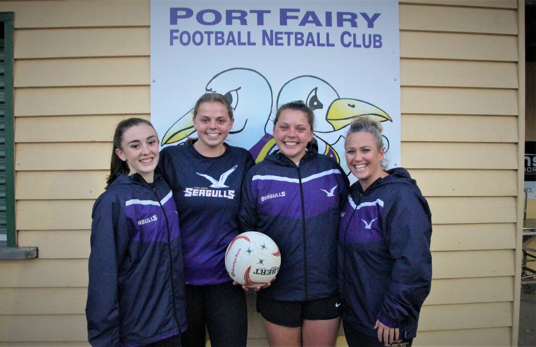 Flying high: Port Fairy has four teams in Saturday's Hampden league netball grand finals including Josie Barker (division one), Erin Giblin (division two), Nicola Giblin (15 and under) and Stacey Dwyer (division three). Picture: Martina Murrihy