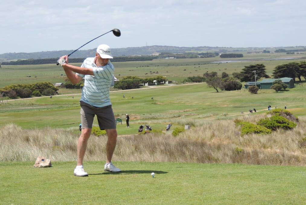 In full swing: Tom Richardson tees off at Port Fairy during the 2018 Doug Bachli Trophy on Thursday.
