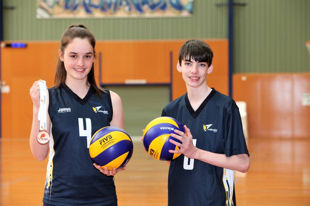 State reps: Gabby Lougheed and Brandon Gibbs are back at training after competing at the National Volleyball Titles held in Queensland where they represented Victoria. Picture: Anthony Brady.
