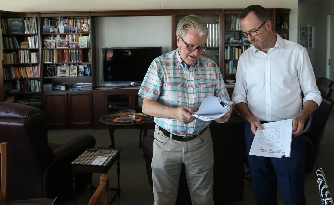 Submission: Landmark penthouse owner Aidan Ellis (left) with NSW Greens MP David Shoebridge in February. Mr Shoebridge will chair a parliamentary inquiry into building defects in NSW apartment buildings. Picture: Marina Neil.