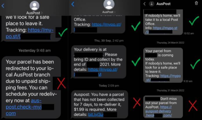 Examples of real Australia Post text messages, indicated by the green tick, and fake messages, indicated by the red cross.
