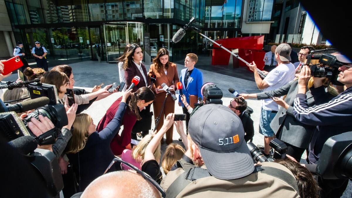Brittany Higgins addresses a large media throng after the trial of her accused rapist Bruce Lehrmann was aborted. Picture by Karleen Minney
