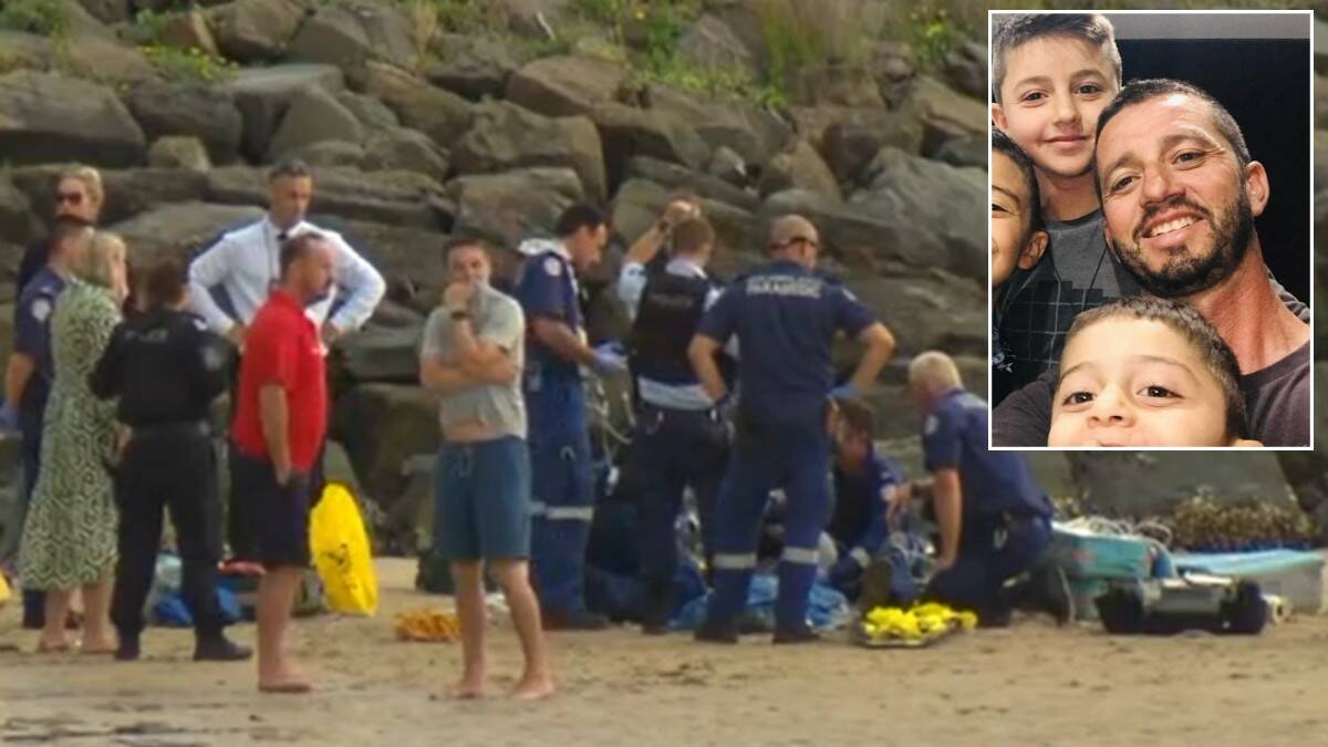 Wongawilli father Chris Grech, inset, raced to provide first aid to a boy who was struck by lightning at Little Lake in Barrack Point last Thursday. Main picture by 7News, inset supplied.