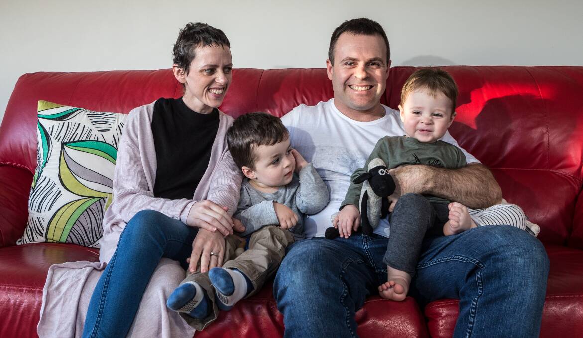 Family ties: Warrnambool couple Carly and Beau Deverall and sons Jack, 3, and Nate, 1, are grateful for campaigns such as 'Dry July' that assist in their ongoing costs in the fight against cancer. Picture: Christine Ansorge.