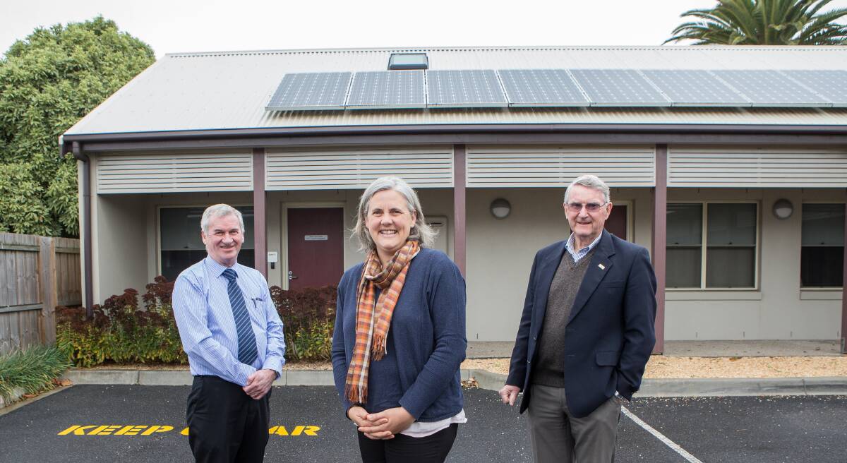 Going green: SWH's Ray Bennett and Elvira Hewson and South West Community Foundation Chair Barrie Baker at Warrnambool's Rotary House where the north-facing roof will be lined with solar panels. Picture: Christine Ansorge
