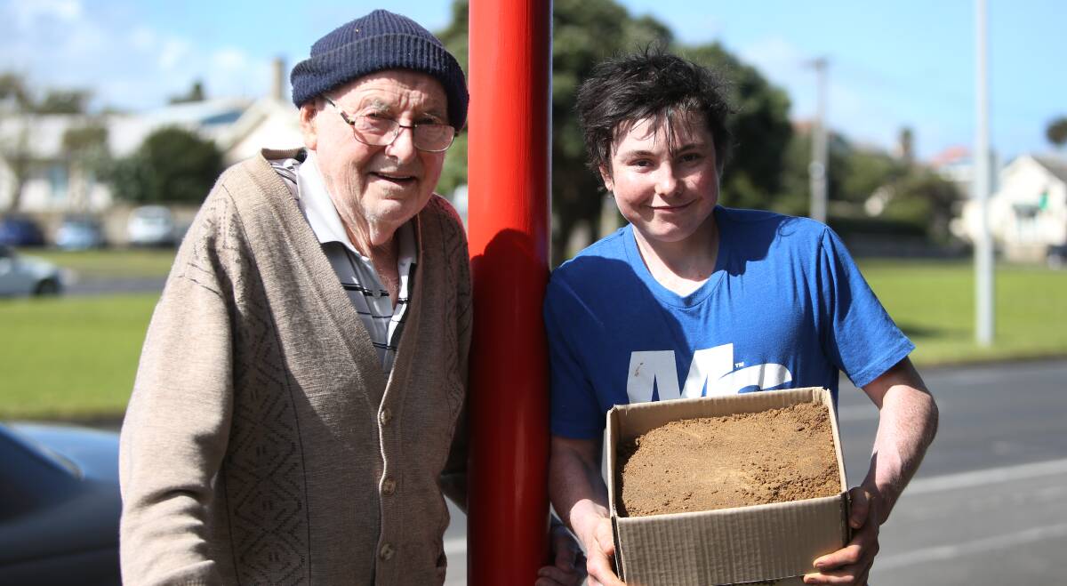 New licks: Frank McCarthy, pictured with grandson Harry Keegan, has a new business enterprise at 88 years old. Picture: Amy Paton
