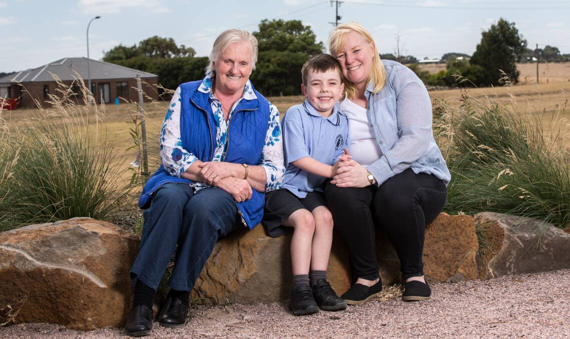 Back to basics: Dennington grandmother Julie Hoare and daughter Jo Sachse were thrilled to walk fourth generation Riley Sachse in to St John's for his first day of school on Thursday. Picture: Christine Ansorge