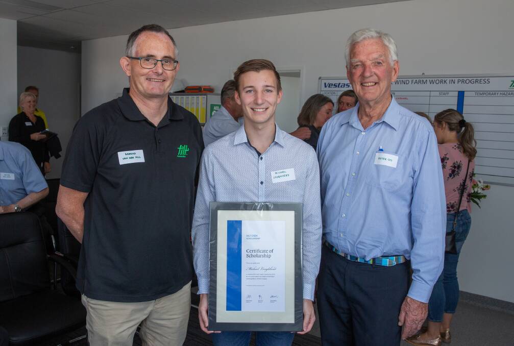 Congratulations: Tilt Renewables’ Asset Manager Barend van der Poll and landowner Peter Coy celebrate with the first scholarship winner Michael Loughhead.
