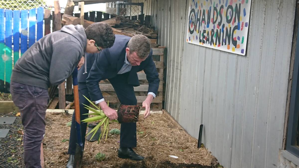 Growing: Hands on Learning student Ricki Brincat, 13 learns some planting tricks from Wannon MP Dan Tehan during visit to Warrnambool College on Tuesday. 