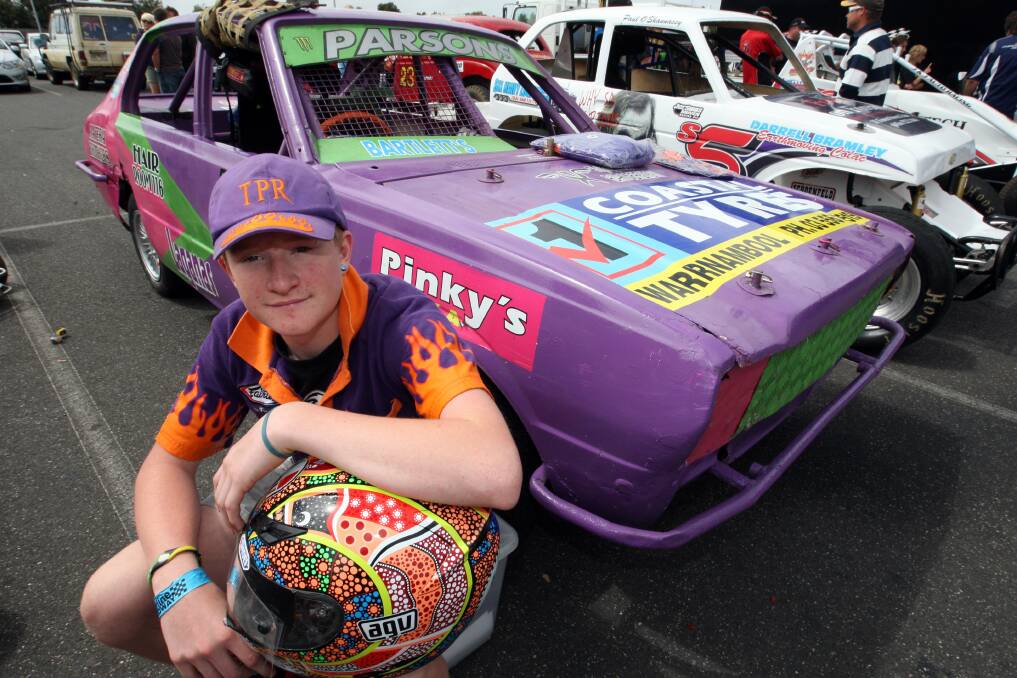 Younger days: Zac Parsons competed in his purple junior sedan in the Warrnambool Grand Annual Sprintcar Classic 2012 as a fresh-faced 14 yr old.
