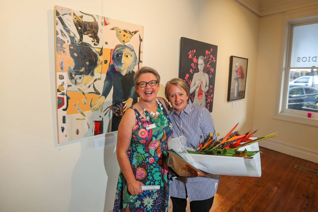 Winner: Women’s Health and Wellbeing Barwon South West chief executive Emma Mahony congratulates overall winner of the South West International Women's Day Art Prize 2019 Alison McIntosh. Picture: Morgan Hancock