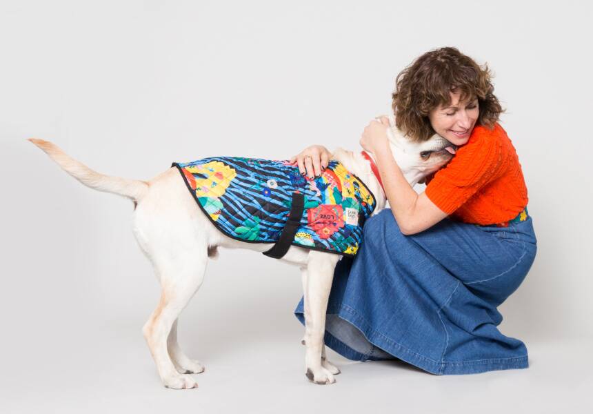 Pawfect: Former Warrnambool fashion designer Lisa Gorman has released a new collection of dog coats in time for winter, including this design for her four-legged friend 'Brian'. Picture: supplied.