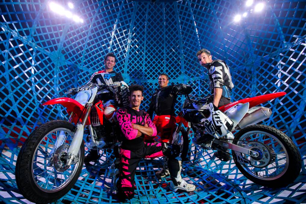 Thrill seekers: Motorbike riders Charles Diego Silva Coster, Diego Bonaldo, Eduardo Ogaz and Daniel Vilar are finding their wheels in a new Globe of Death.