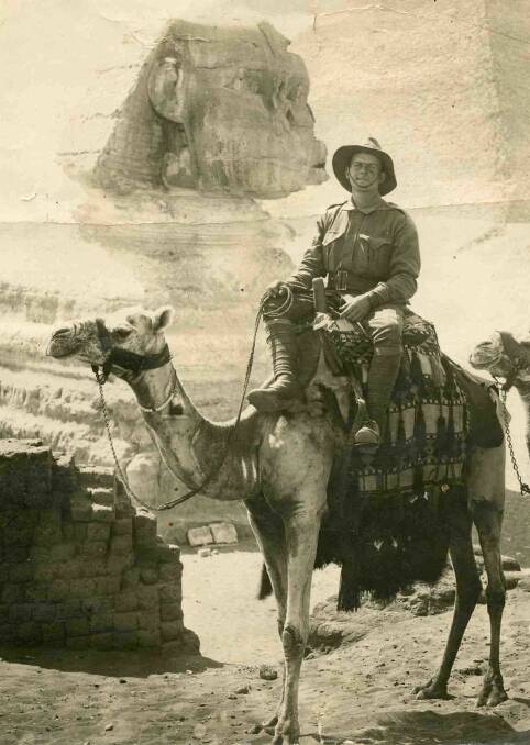 In training: Corporal Walter Allen rides on a camel while training in spectacular scenery in Egypt en route to England in 1916. He overcame a leg wound before returning to battle where he later paid the ultimate price.