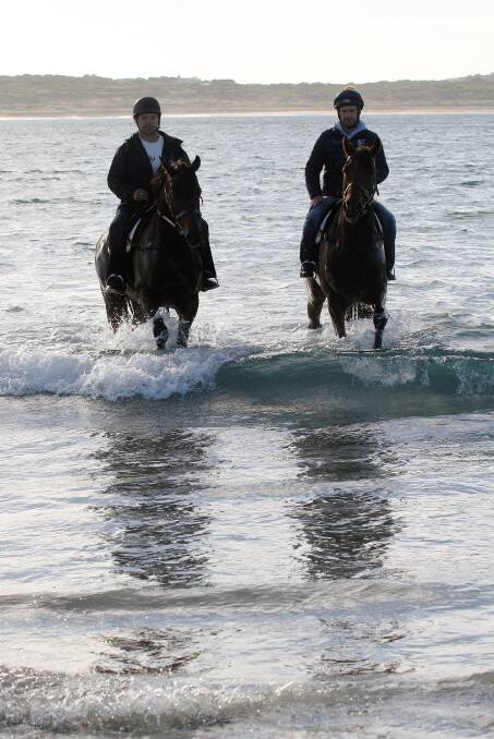In the swim: David Londregan Junior (left) takes Brierly winner Bit Of A Lad into Lady Bay on Wednesday alongside Declan Maher on Newbury. Picture: Colin Bull